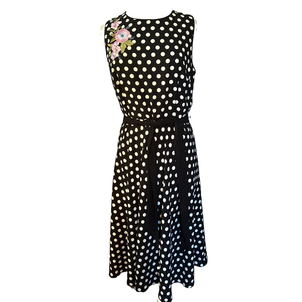 Talbots RSVP Dress Womens Sz 14 Black White Polka Dot Embroidered Accent Belted